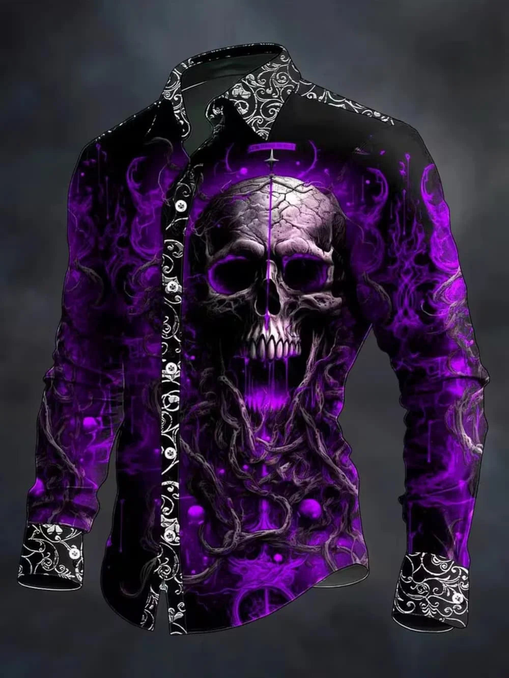 Gothic Skull Cross Shirt Men Long Sleeve Red Plaid 3D Print