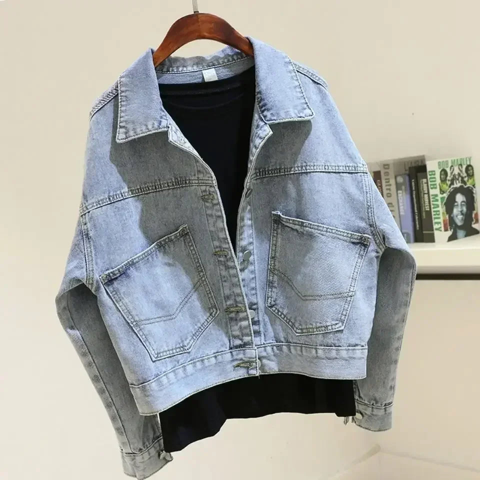 Crop Denim Jacket – Batwing Sleeve Loose Fit
