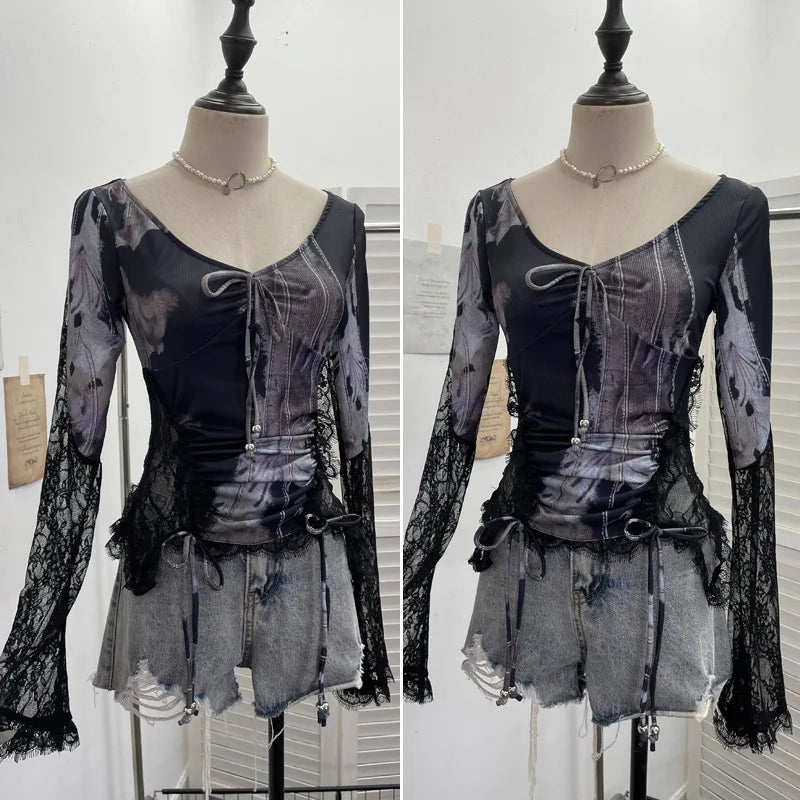 ISAROSE Vintage Stretch Tees for Women V Neck Side See-through Lace Patchwork Flare Sleeves Slim Ruched T-shirt Short Tops