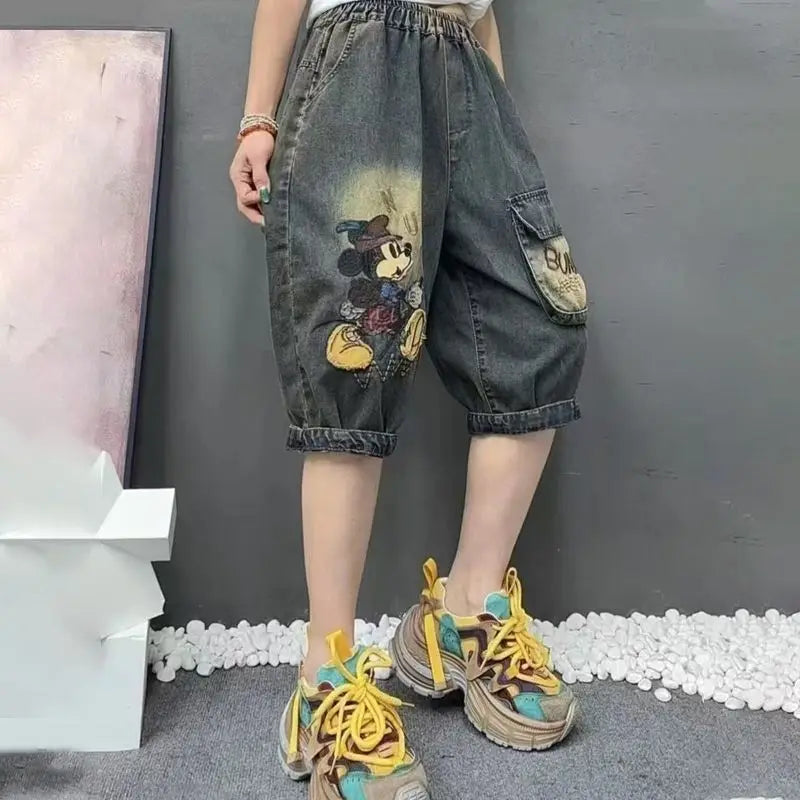 Letter Pocket Embroidered Denim Culottes Women's Summer Loose Large Size Straight Leg Drawstring Five Minute Mid Length Pants