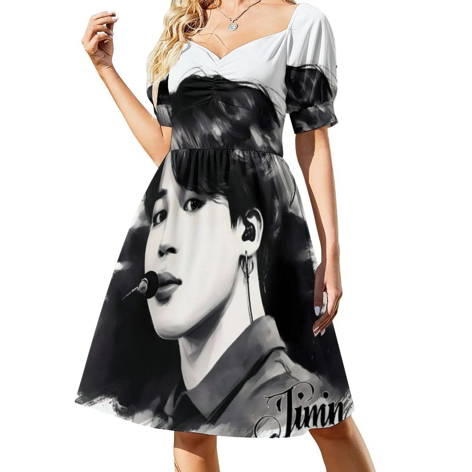 Jimin From Boys By Hello K-Pop Sexy Vacation Dress For Women Beach Party Birthday Mini Dress Black And White B W Ink Black Ink