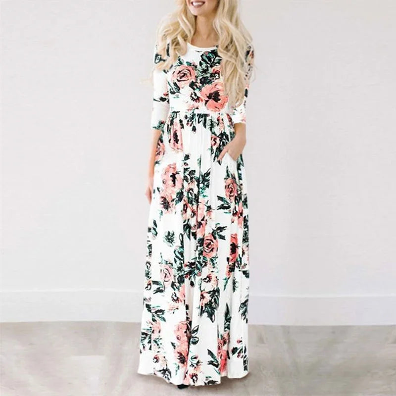 Summer Maxi Dress Women 2025 Pink Floral Print Boho Beach Dress Ladies Evening Party Long Dress Sundress Vestidos De Festa 3XL