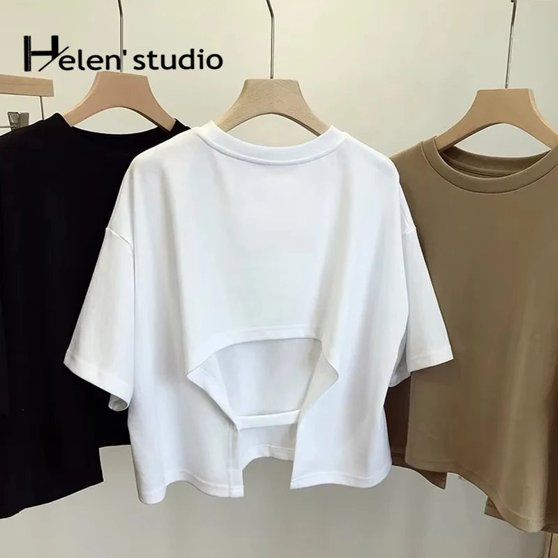 Summer Vintage Women's Short Sleeve Tee Korean Casual Backless Overside T-Shirt Round Neck Short-Sleeved Crop Tops Y2k Brown Top