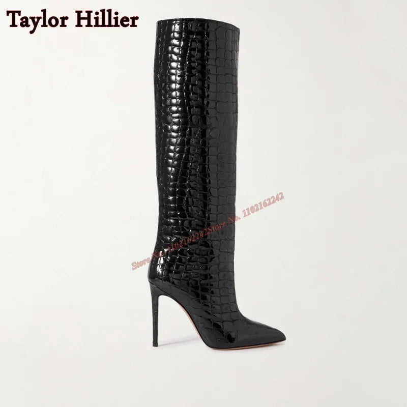 Croc-Embossed Knee-High Stiletto Boots