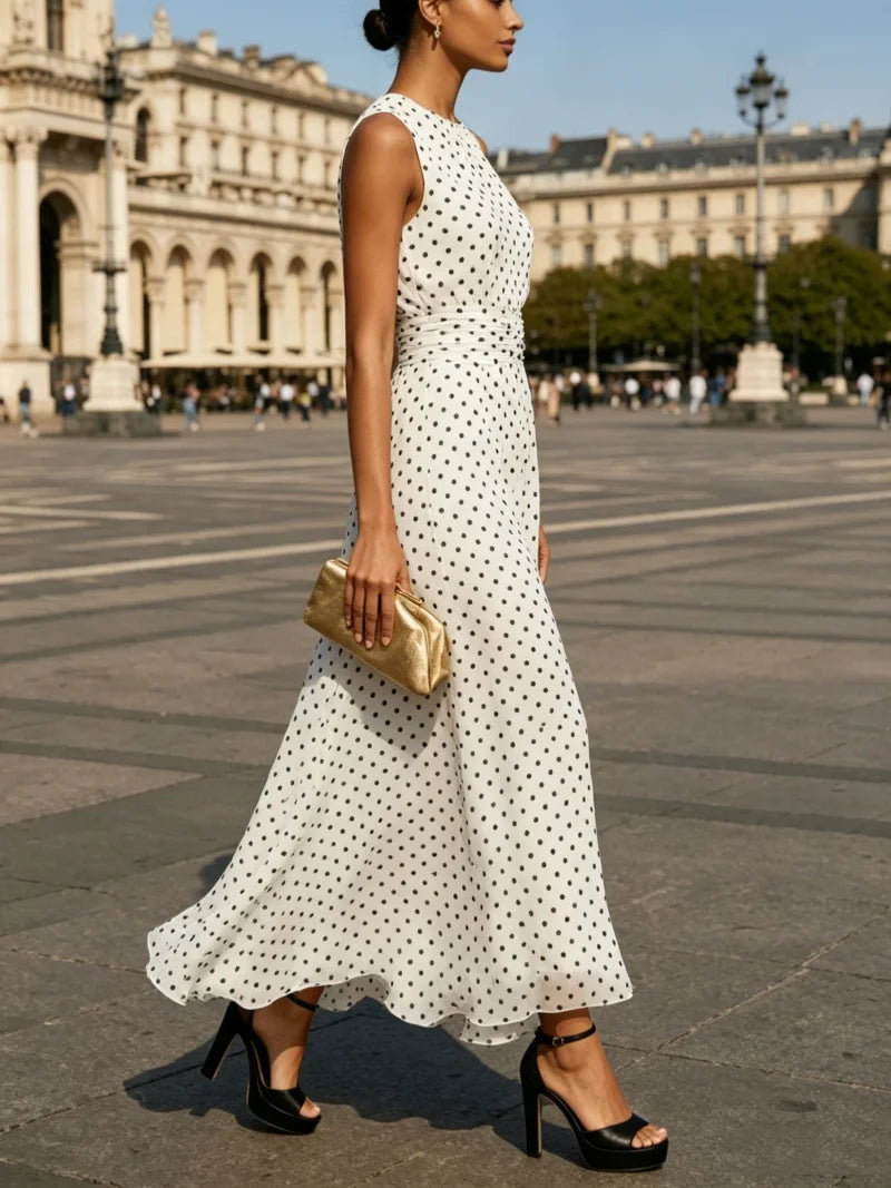 Women's Sleeveless Polka Dot A Line Chiffon Maxi Dress with Waist Tie for Summer Party