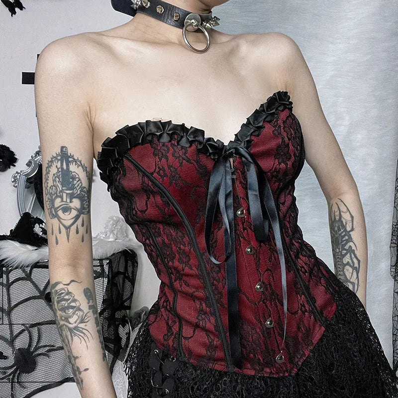 Unholy Lace Halter - Black Goth Corset Top With Cross And Red Velvet