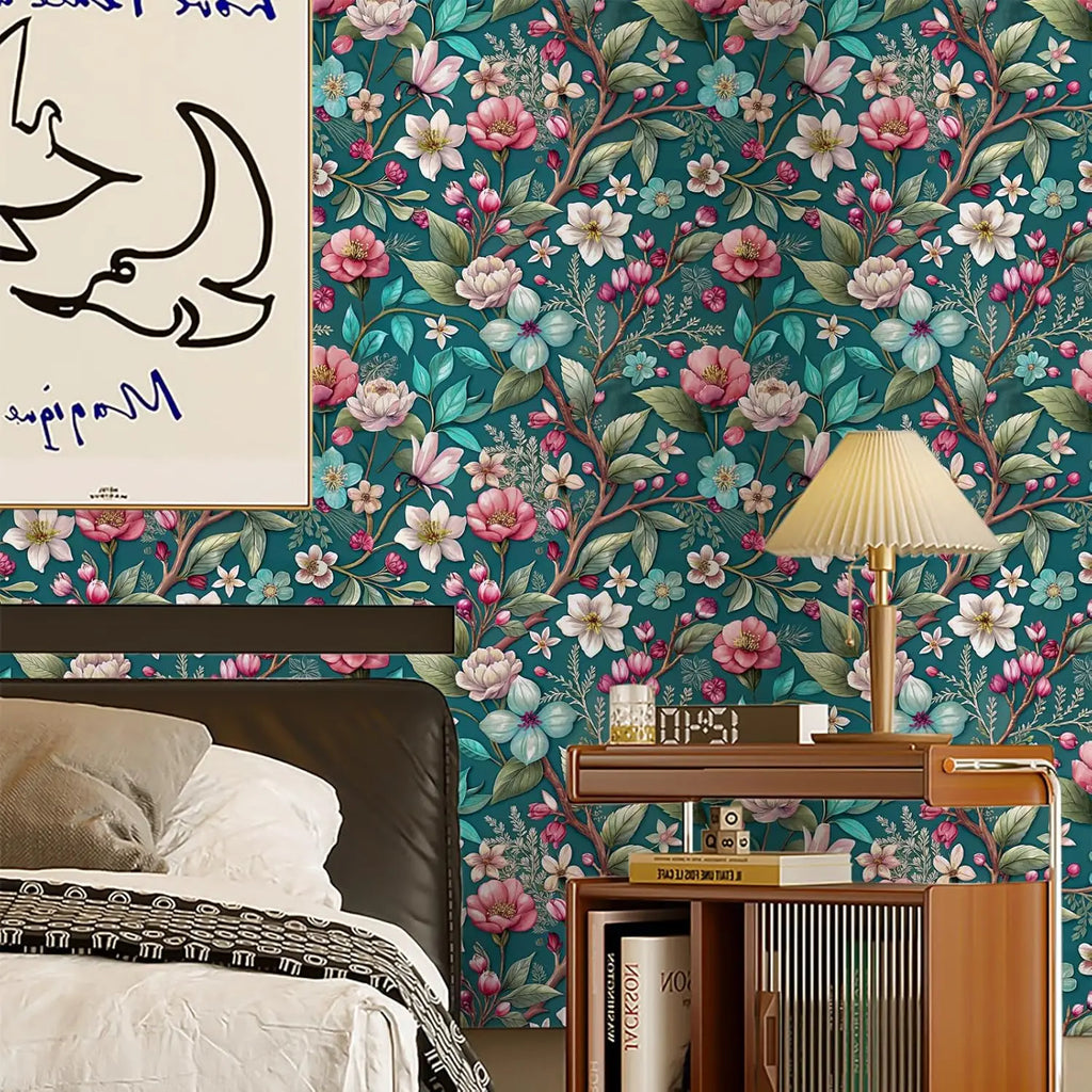 FLORAL PEEL & STICK WALLPAPER - Green Floral - Removable
