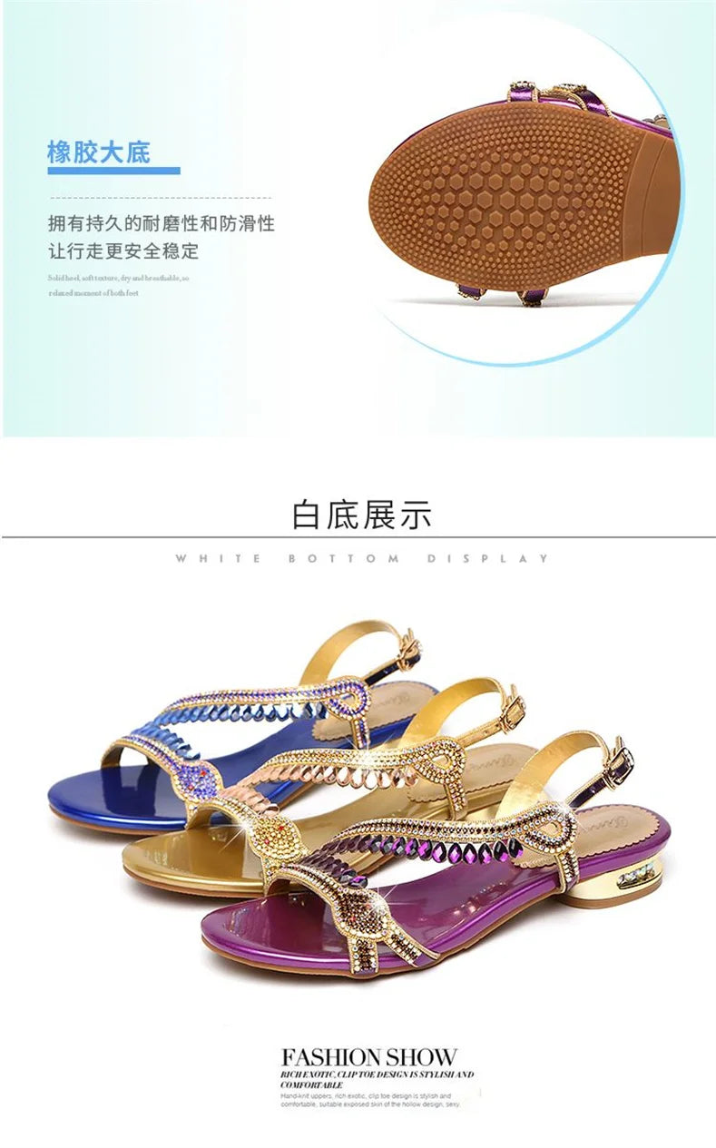 High-grade Rhinestones Fashion New Women's Summer Young Elegant Sandals Thick Heel Leisure Flat Bottomed Beach Sandals