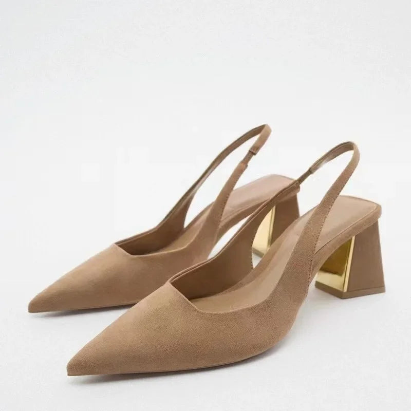 Fashion Block Heel Slingbacks Women 2025 summer Pointed Toe Pumps Elegant Office Ladies High Heels Women's Comfortable Sandals