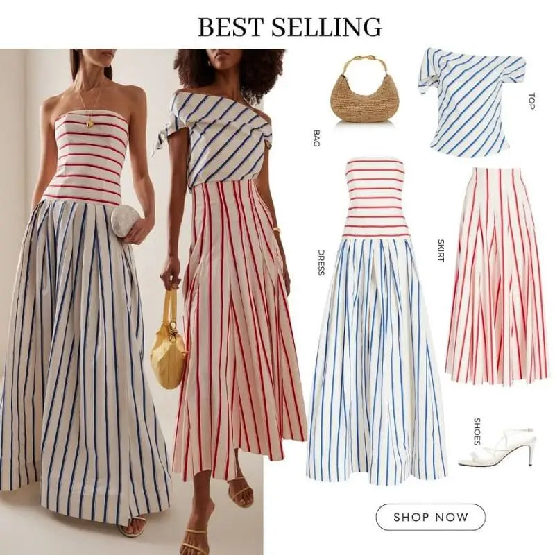 Striped Bandeau Maxi Dress – Strapless A-Line Evening & Garden Party