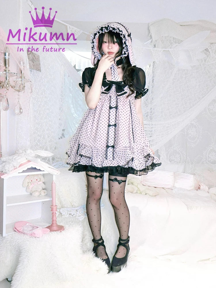 Mikumn Gothic Girls Vintage Pink Polka Dot Dress Harajuku Japanese Y2k Black Bow Kawaii Women Sleeveless Strap Mini Dresses