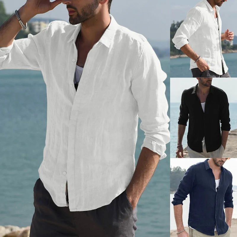COLLAR STAND - Men's Linen Standing Collar Shirt - Lightweight, Casual