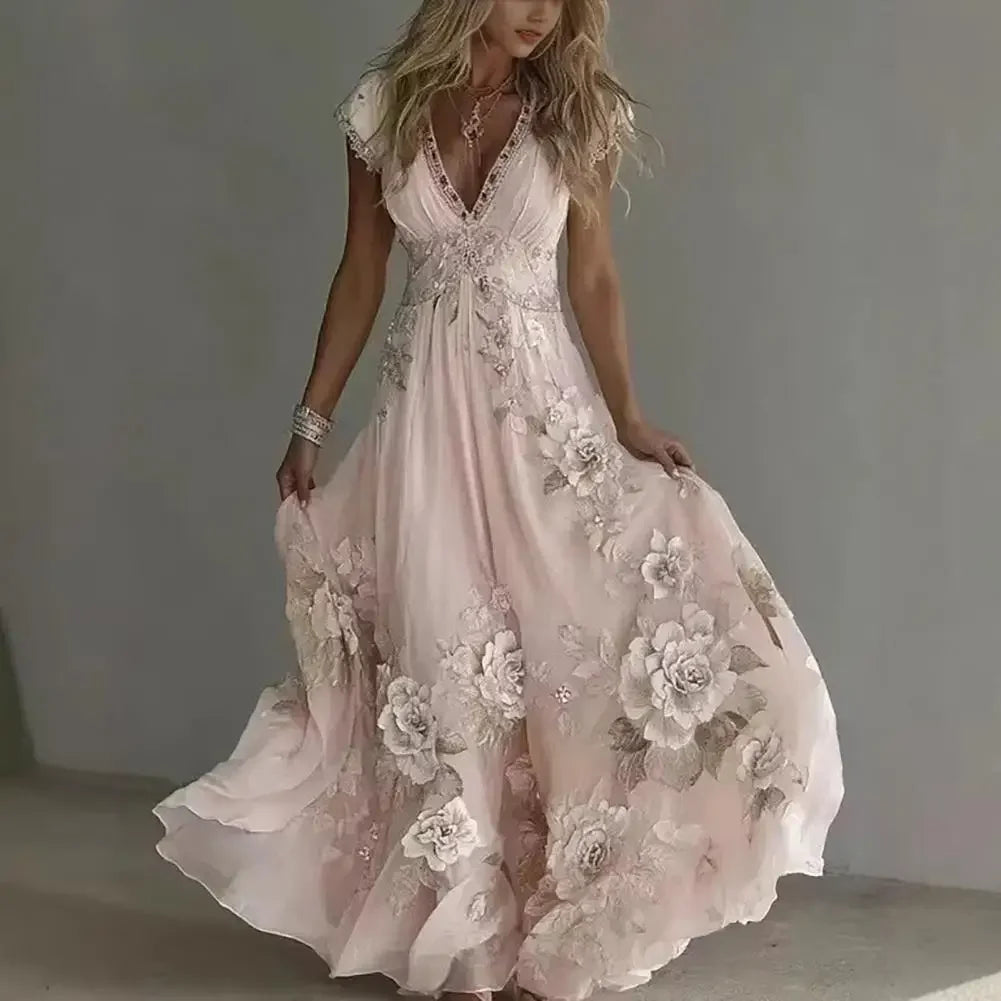 3d Pattern Women Summer Dress Floral Maxi Dress Short Sleeve V Neck A-line Swing Vestidos Floral Printed Beach Vacation Sundress