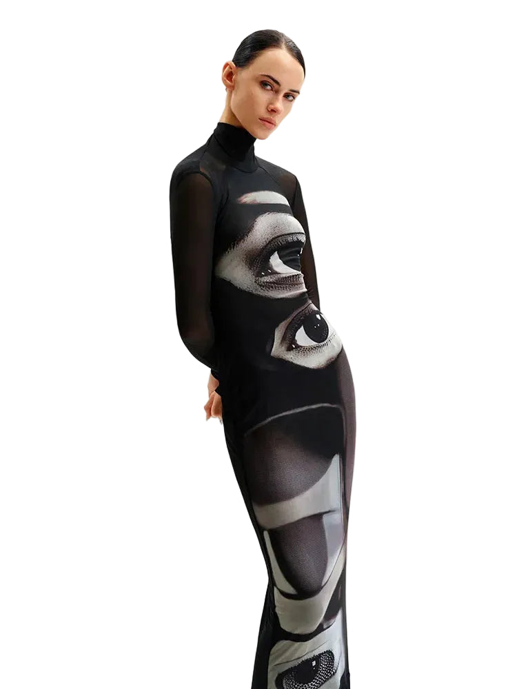 Printed Maxi Dress - Turtleneck & Long Sleeves - Street Statement