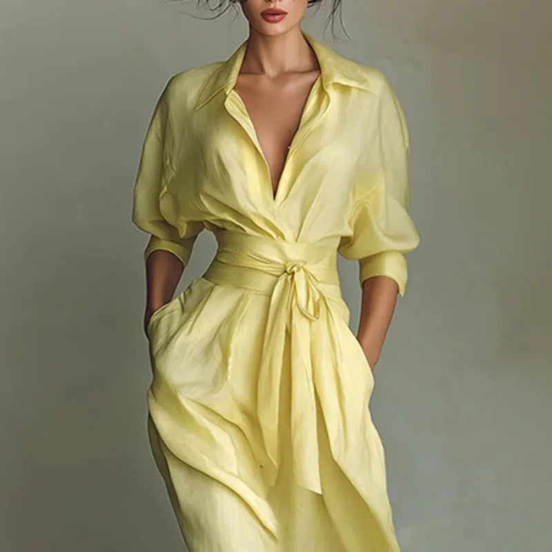 Shirt Maxi Dress – Deep V-Neck Tie Waist 3/4 Sleeve with Pockets