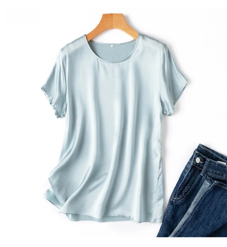 100% Mulberry Silk 19 Momme Charmeuse Silk Women Tank Top T-shirt Short Sleeve Shirt Blouse Solid Colors Summer M L XL AA4270