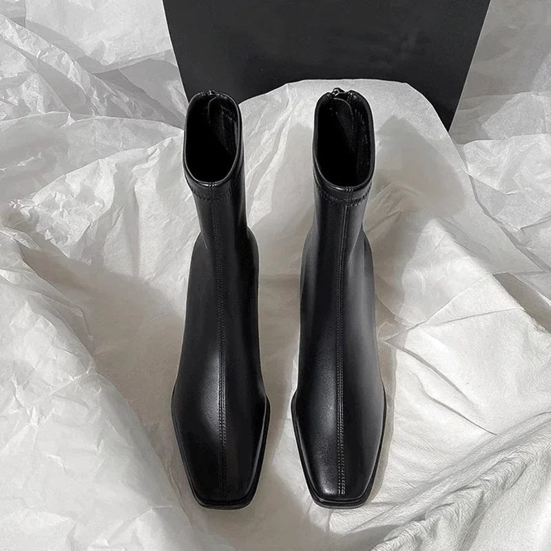 Square Toe Ankle Boots – Thick Heel Cotton Lined