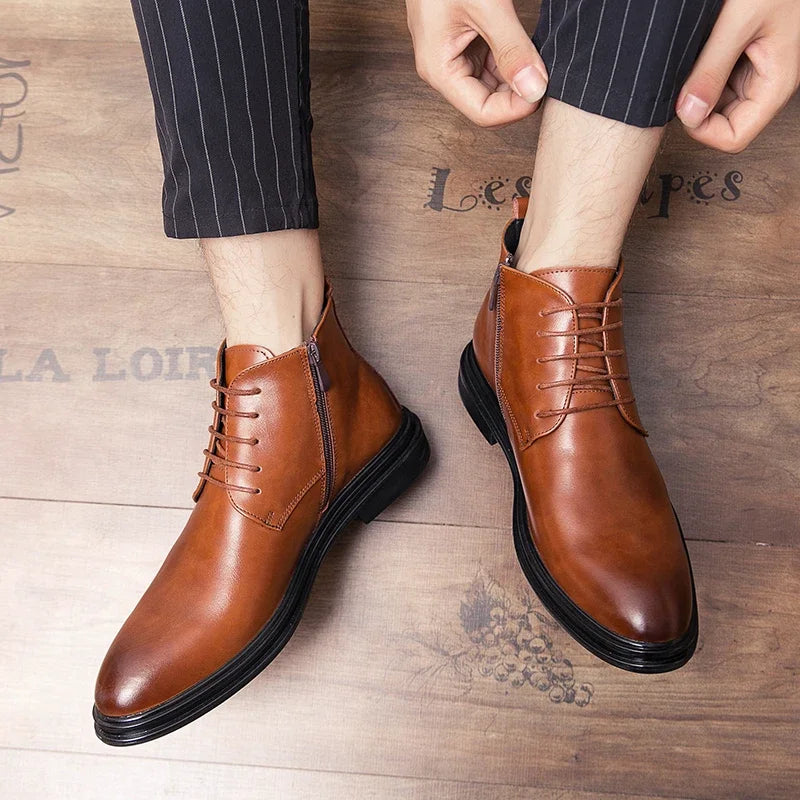 Men's Business Ankle Boots - Lace-Up Side Zipper PU Leather Round Toe Low Heel