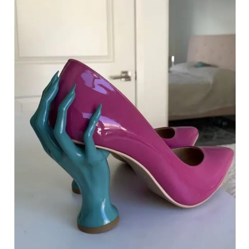 Patent Leather Pumps – Pointed Toe Sculptural Heel Slip-On