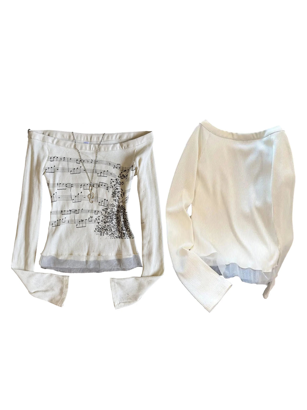 Women Y2K Graphic T-Shirts Long Sleeve Top Off Shoulder Music Score Tee Shirt Aesthetic Fairy T-Shirt Streetwear