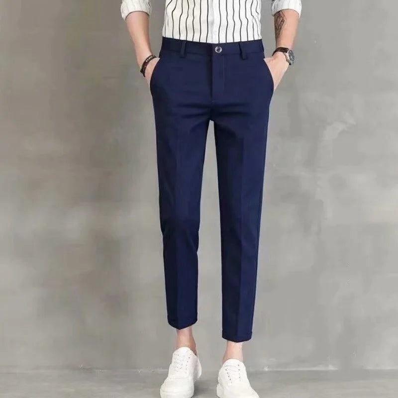 SHARP CUT - Men's Elastic Waist Cropped Suit Pants - Business Casual Straight Leg