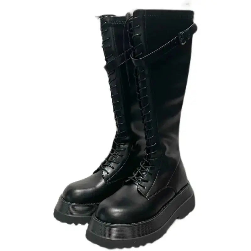 Lace-Up Knee-High Platform Boots – Belt Buckle