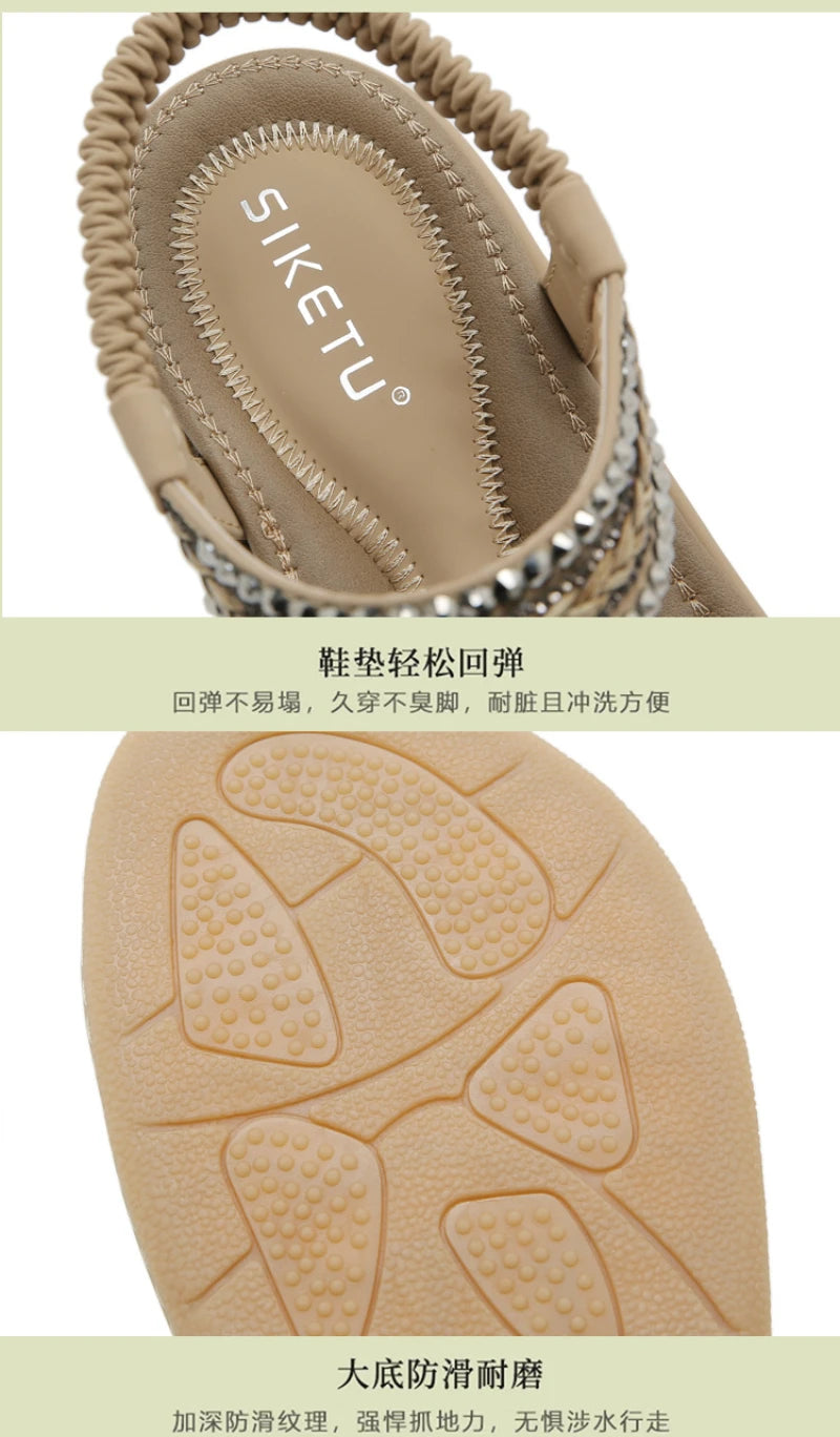 Spring And Summer 2025 New Lightweight And Comfortable Flat Sandals For Women's Elastic Straps Casual Beach Big Size Shoes