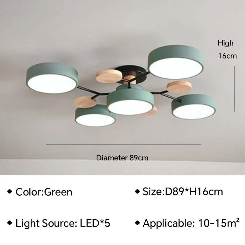 Macaron Wood Ceiling Light – 6 Colors, 1–7 Heads