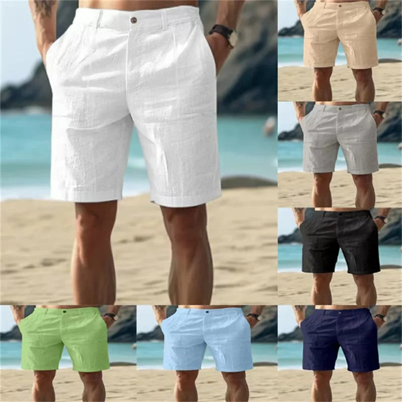 2025 Men's Solid Color Casual Short Pants Linen Beach Breathable Comfortable Straight Short Trousers Hawaiian Holiday Men's Pants