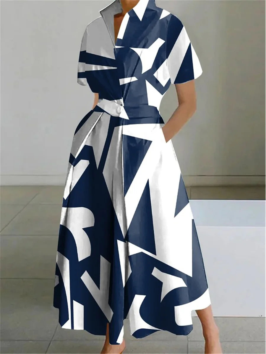 BKLD Midi Dresses 2026 Summer Office Ladies Dress Fashion High Waist A-Line Dress Turn-Down Collar Short Sleeve Women Clothing