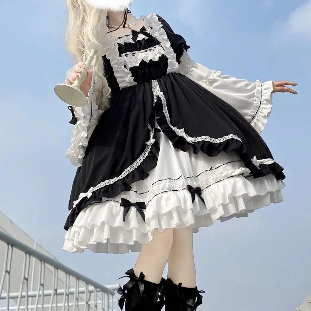 Lolita Dress OP White Night Aurora - Detachable Sleeves Korean Bow Lace Dress, Sweet Gothic Aristocrat Jumper Skirt, Kawaii Cosp