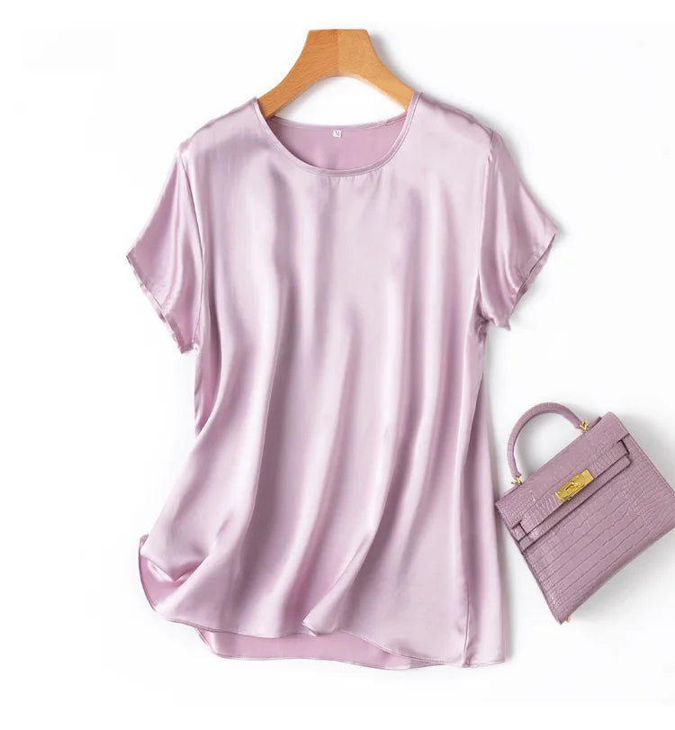 100% Mulberry Silk 19 Momme Charmeuse Silk Women Tank Top T-shirt Short Sleeve Shirt Blouse Solid Colors Summer M L XL AA4270