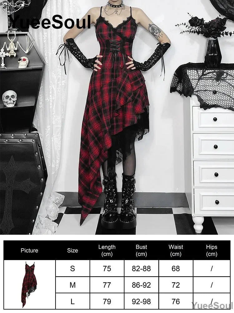 Grunge Gothic Women Dress Lace Trim High Waist Bodycon Mini Dress 2026 New E-girl Vintage Punk Harajuku Lolita Party Clothes