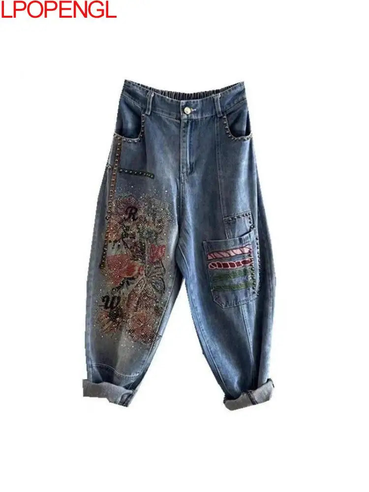 Elastic Waist Hot Diamond Jeans For Women 2026 Spring And Summer New Embroidered Denim Straight Loose Harem Daddy Pants