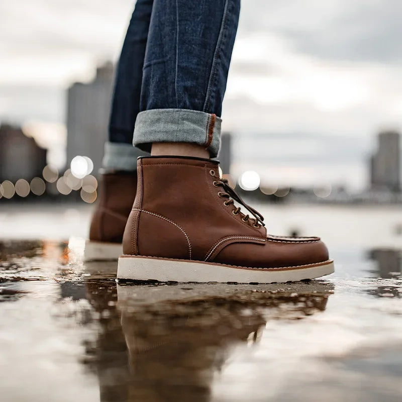 Maden Men's Split Leather Work Boots - Vintage Crazy Horse Mid-Calf Lace-Up Winter Boots