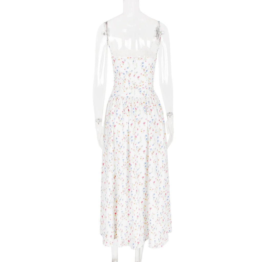 Oligai Floral Print Midi Sundress Elegant Spaghetti Strap Flowy Dress Aussie Summer Women Boho Chic Beach Dress
