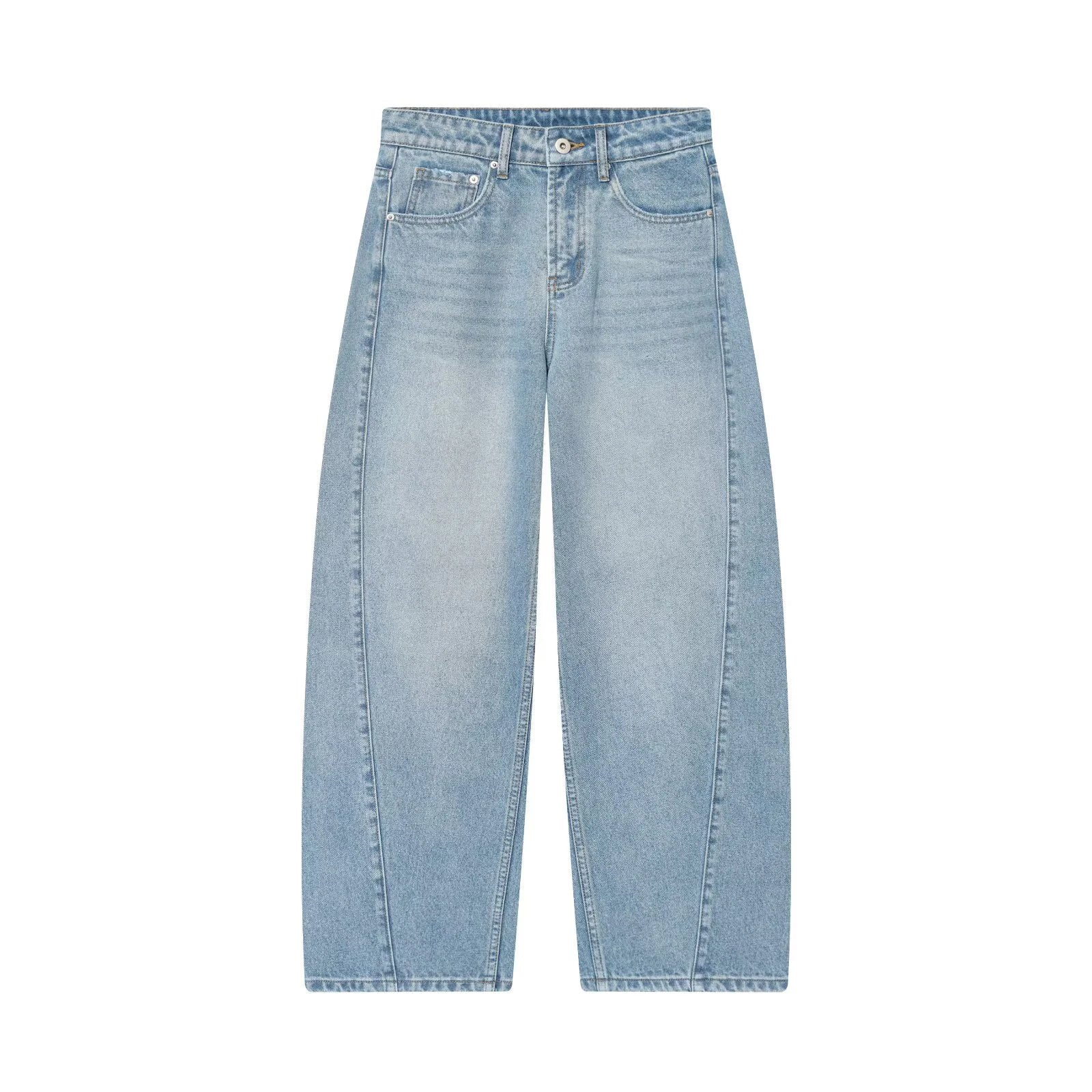 Balloon Sickle Barrel Jeans - Mid Waist Curved Wide Leg