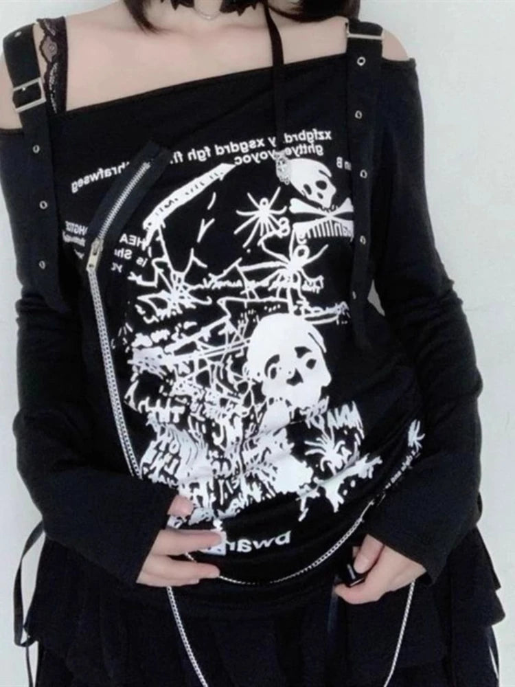 Subculture Punk Skull Print Slash Neck T-shirt Women Vintage Off Shoulder Design Long Sleeve Loose Tops Harajuku Gothic Chic Tee