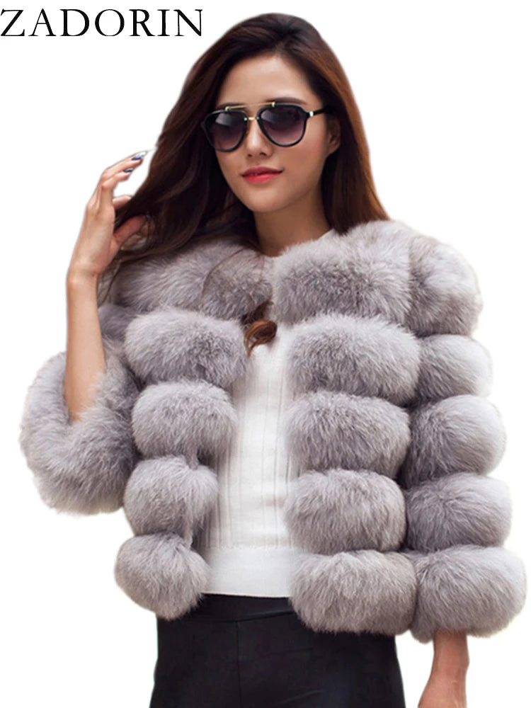 Women's Faux-Fur Jacket - Three-Quarter Sleeves - Plush Poise