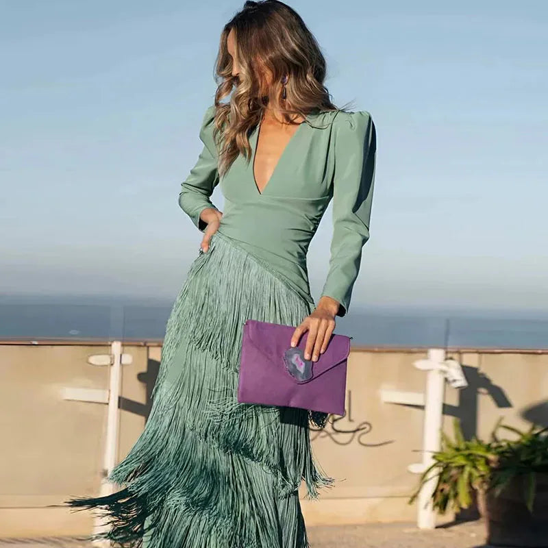 Long Sleeve Spliced Tassel Party Dresses Woman Elegant Deep V Neck Sheath Long Dress Fashion Solid Pleated Bohemian Dress