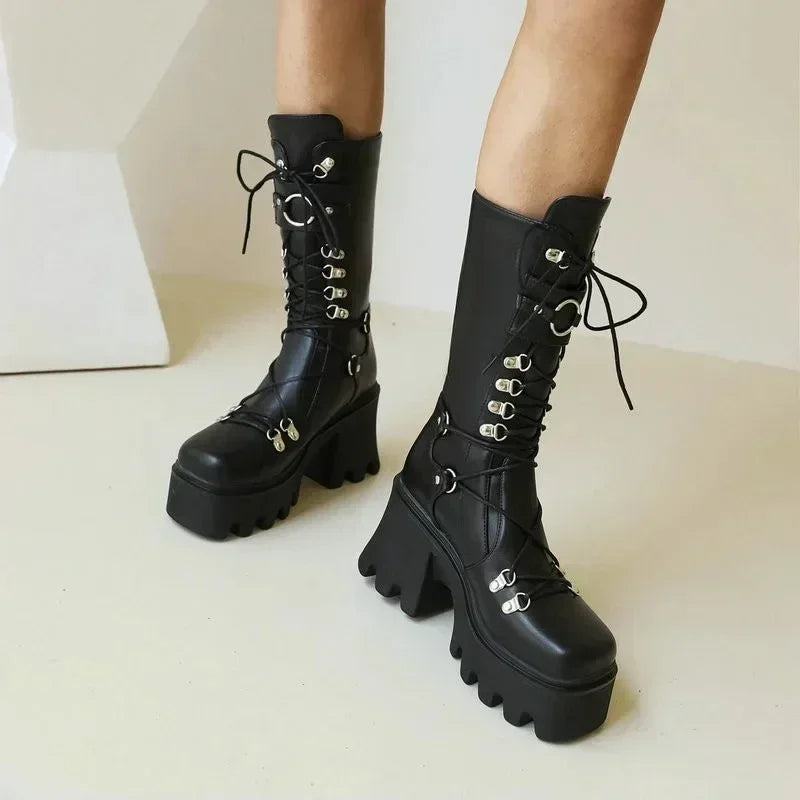 Gothic Platform Wedge Mid-Calf Boots – Buckle Strap