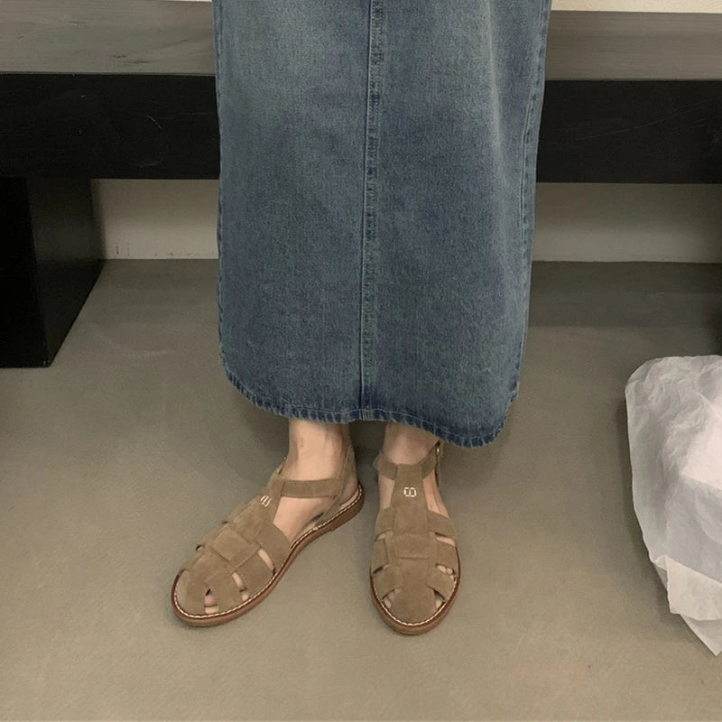 DIMANYU Women's Roman Sandals 2023 Summer New Flat Retro Real Leather Ladies Sandals Hollowed Women's Cage Shoes