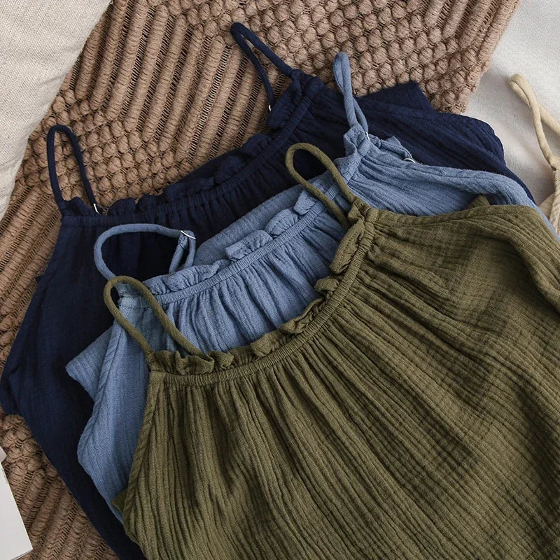 Vacation Spaghetti Strap Backless Maxi Dress for Women, Ruffle Hem Loose Crinkled Cotton Summer Beach Cami Sundress