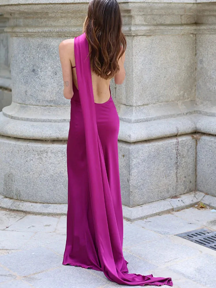 Satin Ribbon Halter Long Dresses Women's Backless Casual Maxi Dress Evening Wedding Guest White Blue Green Summer Graduation New