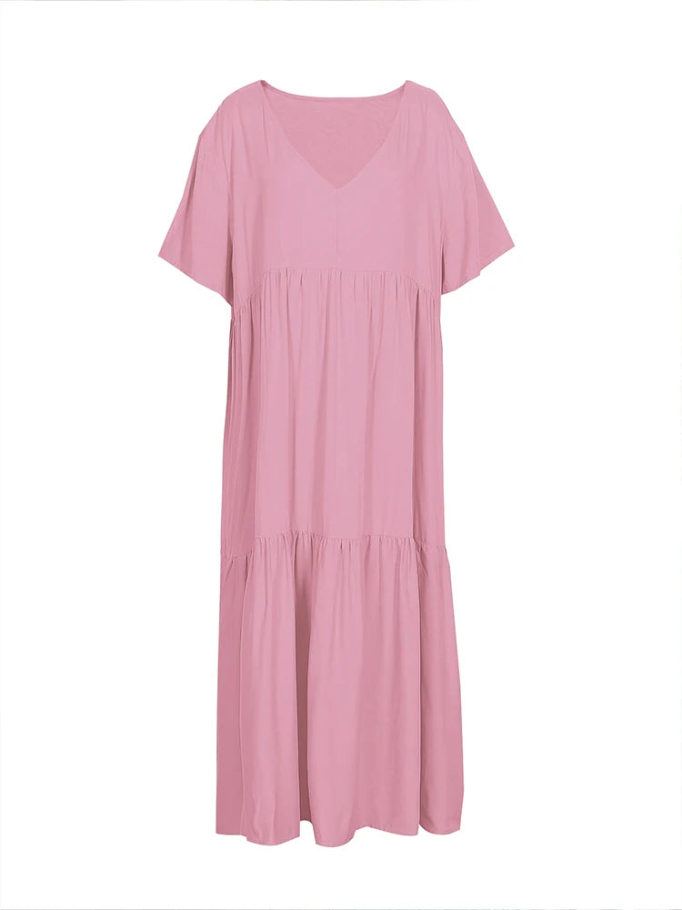 Plus Size 2025 Summer New V-neck Short Sleeve Pleated Solid Color Loose Casual Midi Dress Basic Hem Pleated