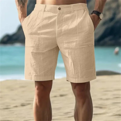 2025 Men's Solid Color Casual Short Pants Linen Beach Breathable Comfortable Straight Short Trousers Hawaiian Holiday Men's Pants