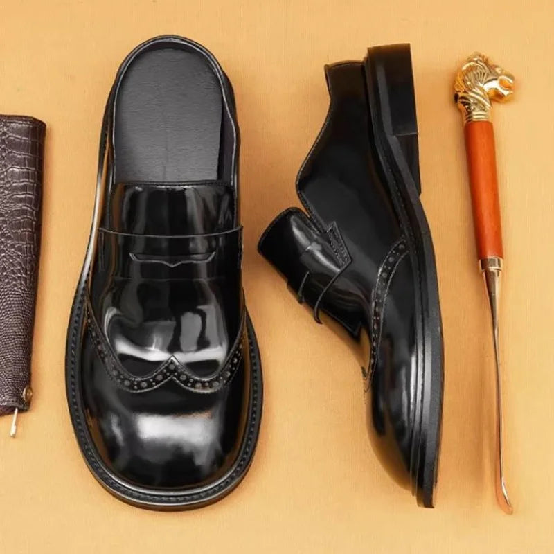 Men's Genuine Leather Platform Mules - Round Toe Slip-On Formal Half Shoes