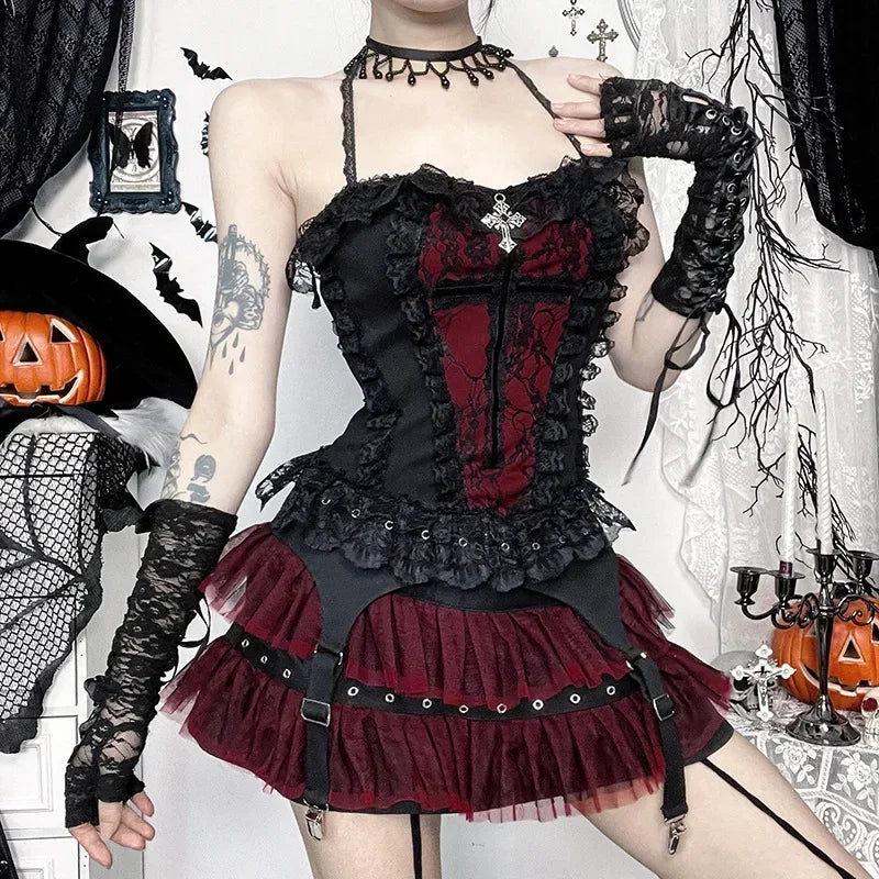 Vintage Mall Gothic Flocking Camisole Women Aesthetic Fairycore Grunge Y2k E-girl Lace Patchwork Beading Crop Tank Tops