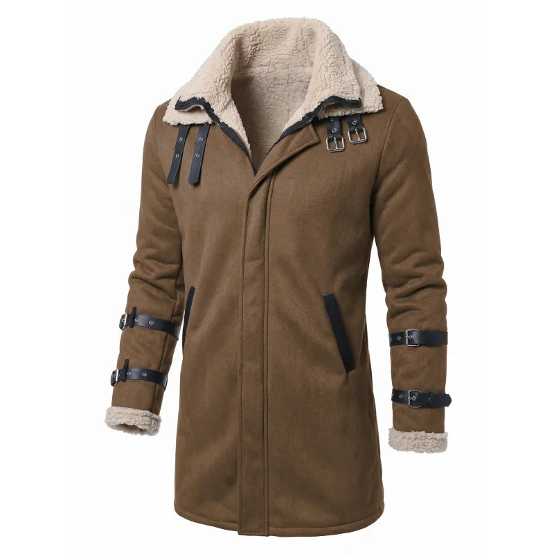 DOUBLE COLLAR FLEECE JACKET - Men's Mid-Length Windproof Winter Coat Zipper Pockets Outdoor Street Style - Black / Gray / Army Green / Khaki