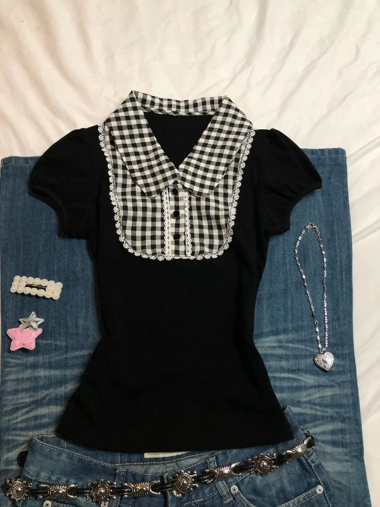Y2k Vintage Short Sleeve T-Shirt Plaid Print Polo Top Women Casual American Retro Slim Fit Button Patchwork Spring Summer